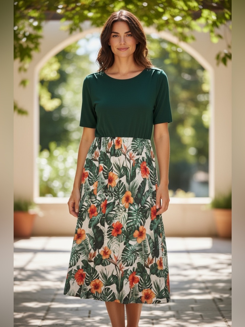 NWT: size 10 BloomChic Dark Green Top with Tropical Floral bottom dress